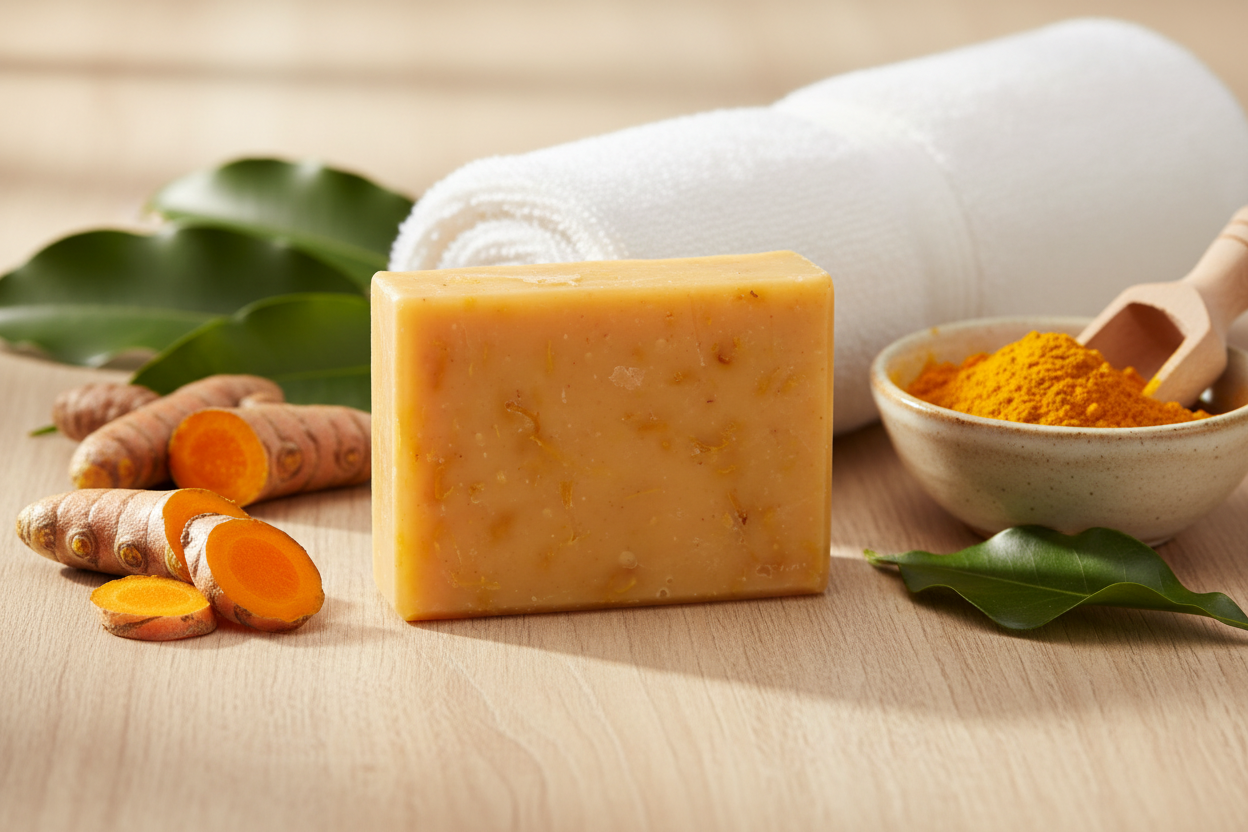 Handmade turmeric soap with lemongrass and orange essential oils, made with halal ingredients for daily Cleansing