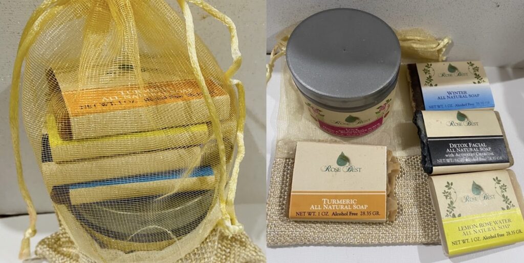 Gold Jute Organza Bag with 4-1 oz travel size soaps and 1 love sugar scrub.